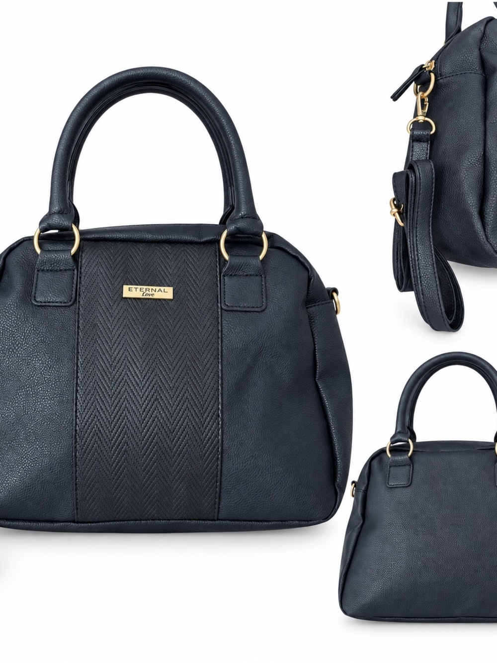 Eternal Love Black Textured Satchel Crossbody Bag Gold Hardware Vegan